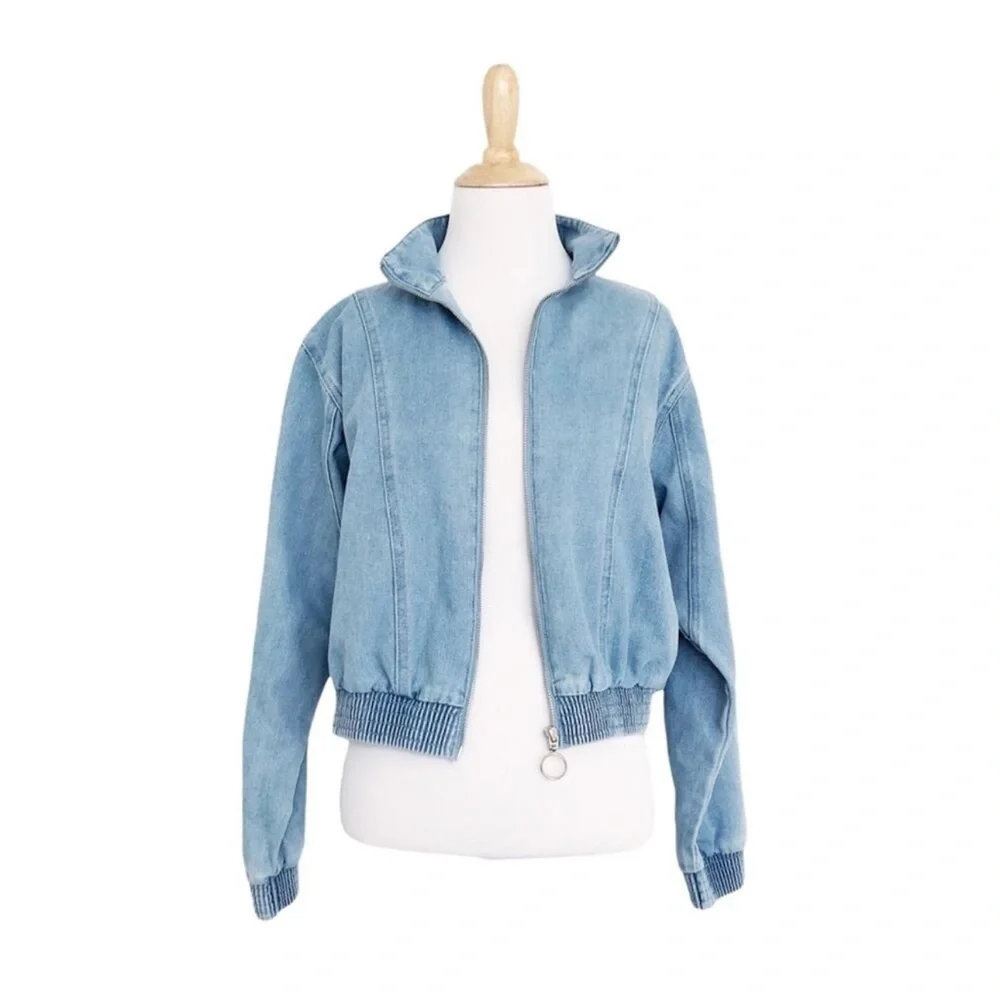 HAUTE MONDE O-Ring Zipper Wash Denim Bomber Jacket Size M - Picture 4 of 13